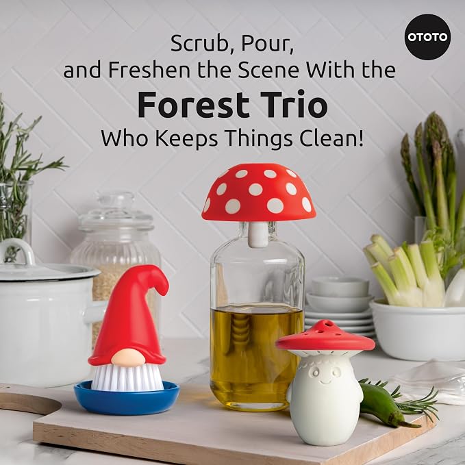 OTOTO Forest Trio Bundle of Beardy, Magic Mushroom, Fun Guy - Gnomes Dish Brush, Fungilicious Kitchen Funnel, Fridge Deodorizer, Mushroom Decor Cute Kitchen Accessories, Unique Mushroom Gnome Gifts