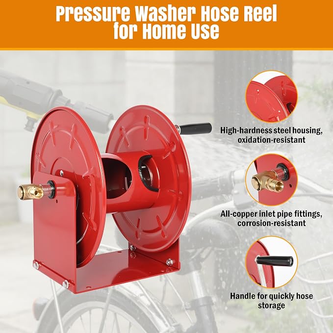 lesolar Pressure Washer Hose Reel100FTx3/8'' / 200FTx1/4'' | Retractable Hand Crank Power Washer Hose Reel,Wall/Floor Mounted Heavy Duty Hose Reel for Water,Red