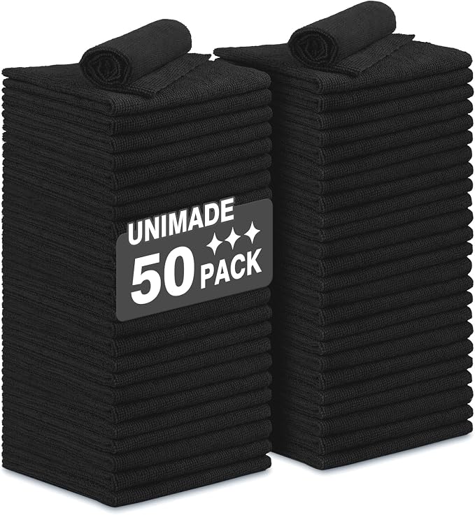 UNIMADE Microfiber Cleaning Cloth, 50 Pack Microfiber Towels for Cars Reusable Shop Rags Bulk Lint Free Cleaning Towels for Car Kitchen Automotive Bar Mechanic Restaurant Garage, 11.5"x 11.5", Black