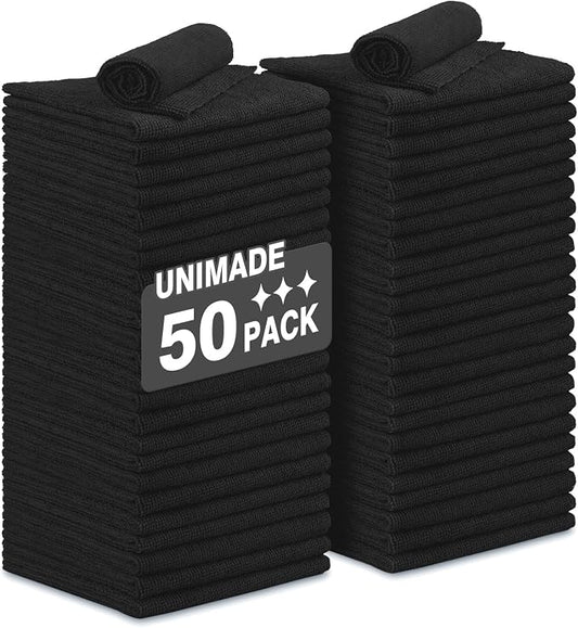 UNIMADE Microfiber Cleaning Cloth, 50 Pack Microfiber Towels for Cars Reusable Shop Rags Bulk Lint Free Cleaning Towels for Car Kitchen Automotive Bar Mechanic Restaurant Garage, 11.5"x 11.5", Black