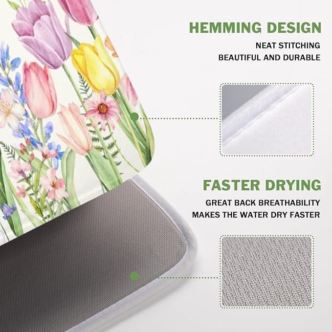 Spring Floral Dish Drying Mat for Kitchen Counter Easter Tulip Lavender Flower Microfiber Dish Drainer Mat Rustic Farmhouse Absorbent Washable Drying Pad 16"x18"