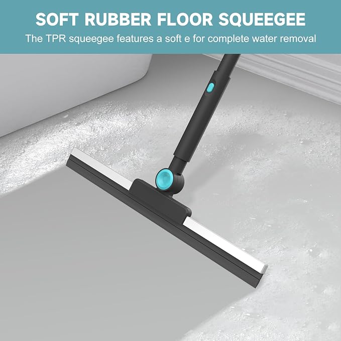 nacena Shower Scrubber with Long Handle, 4 in 1 Tile Tub Scrubber Brush with 3 Detachable Cleaning Shower Heads and Floor Squeegee Shower Cleaner Brush for Bathroom Kitchen Tub Sink Floor, Black