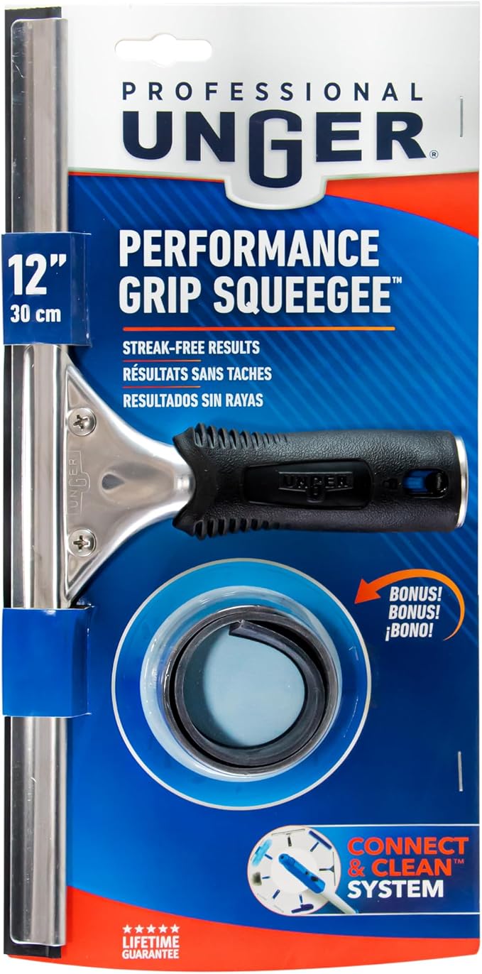 Unger Professional Connect and Clean 12” Performance Squeegee for Glass and Window Care with Replacement Rubber, Heavy Duty Cleaning Supplies with Streak-Free Results, Handheld Household Cleaner Tool