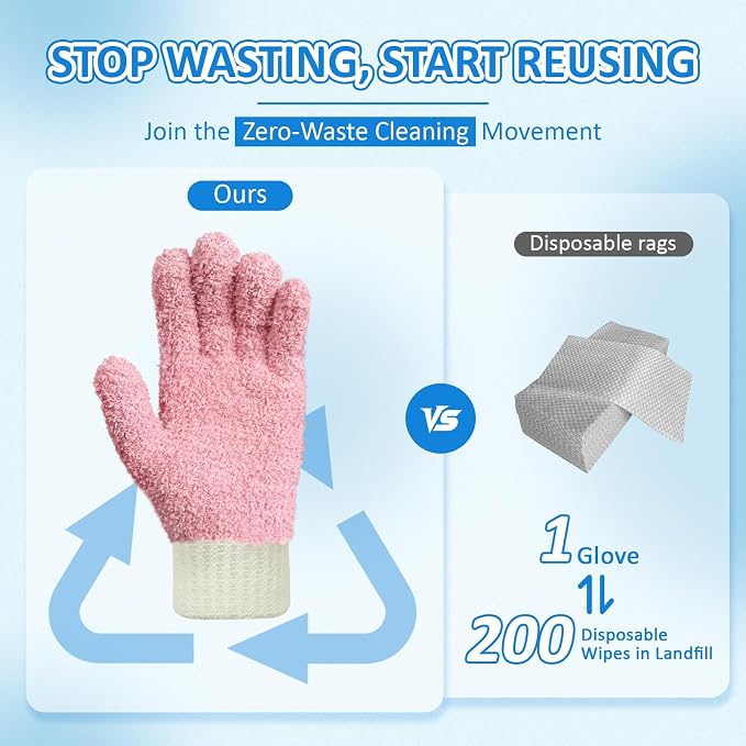 MIG4U Microfiber Dusting Gloves House Cleaning Glove for Blinds, Windows, Shutters, Furniture, and Car, Reusable Lint-Free Pink 2 Pairs S/M