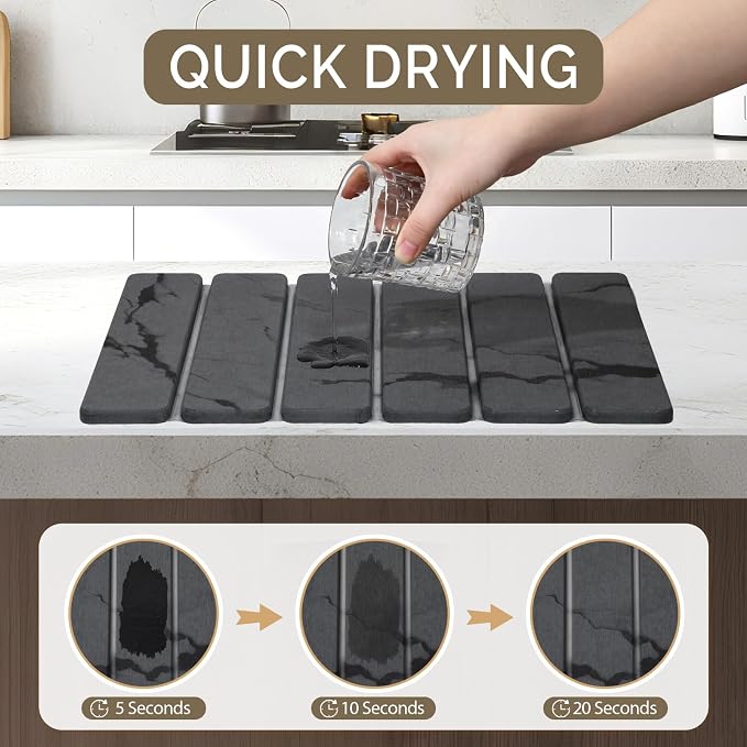 Large Stone Dish Drying Mat for Kitchen Counter, 2PCS Quick Dry Stone Dishes Mat,Foldable Water Absorbing Diatomaceous Drying Organizer Pad for Plate Rack Bottles Utensils(Dark Gray 16"x12" & 8“x4")