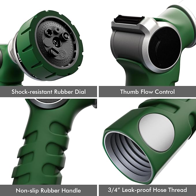 RESTMO Heavy Duty Hose Nozzle, Metal Garden Water Hose Sprayer | 7 Watering Patterns, Thumb Control, On Off Valve, Leak Proof Nozzle Sprayer for Watering Plants, Car & Pet Washing, Green