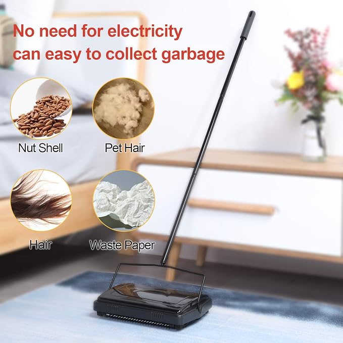 Yocada Carpet Sweeper Cleaner Manual Hand Push Non-Electric Black | for Home Office Low Carpets Rugs Undercoat Carpets Pet Hair Dust Scraps Paper Small Rubbish Cleaning with a Brush