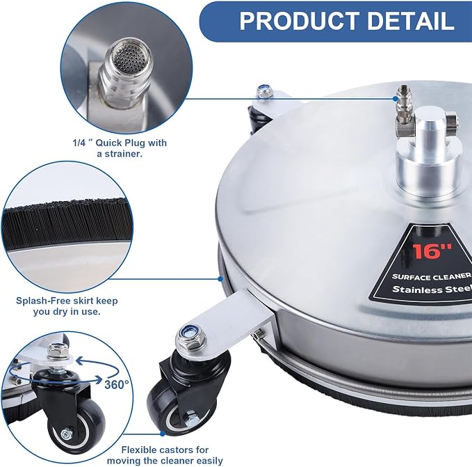Biswing 16" Pressure Washer Stainless Steel Surface Cleaner with 4 Wheels & 1/4" Quick Connector, Power Washer Attachment with 2 Extension Wand, 2 Replacement Nozzles, 4000 PSI