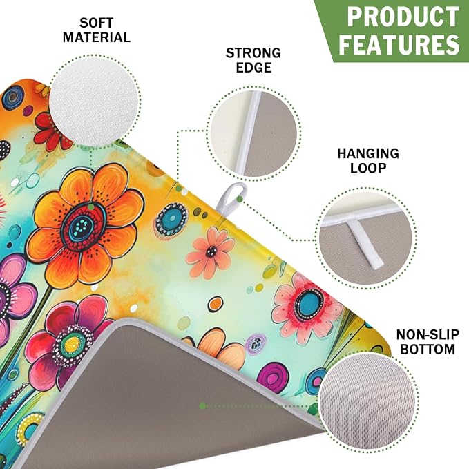 Abstract Colorful Floral Dish Drying Mat for Kitchen Counter Spring Summer Flower Microfiber Dish Drainer Mat Rustic Absorbent Washable Drying Pad 16"x18"