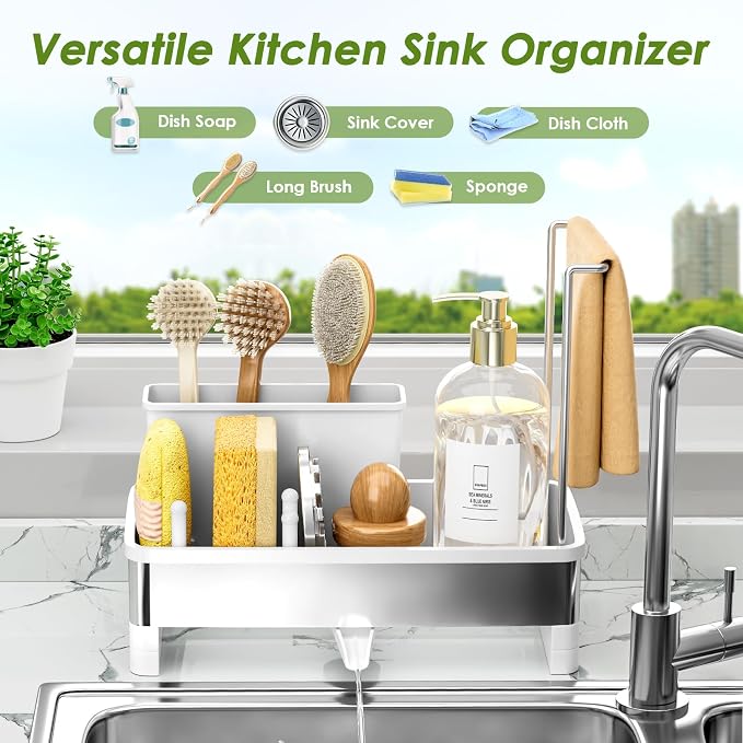 Ewaiira Stainless Steel Sink Caddy, Sponge Holder for Kitchen Sink with Brush Holder & Dishcloth Rack, Rustproof Organizer Countertop, Soap Dispenser Kitchen Organizers Storage Essentials, White 9.8″