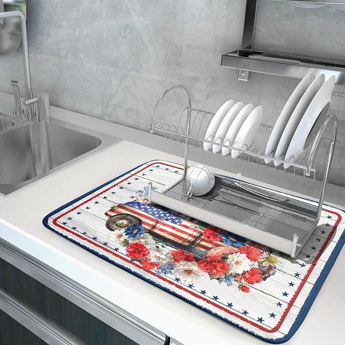 Patriotic Truck Dish Drying Pad 4th of July Drying Mat for Kitchen Counter Coffee Bar Sinks 18 X 24 Inch