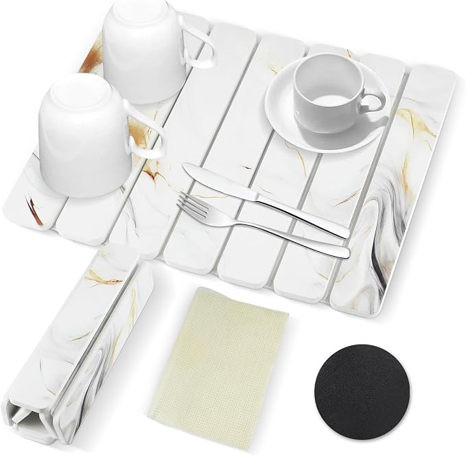 Large Stone Drying Mat for Kitchen Counter, 16"x12" Collapsible Diatomaceous Earth Drying Mat, Instant Absorbent Dish Drying Pad, Stone Drying Rack Space Saver Drying Board for Kitchen Sink, White