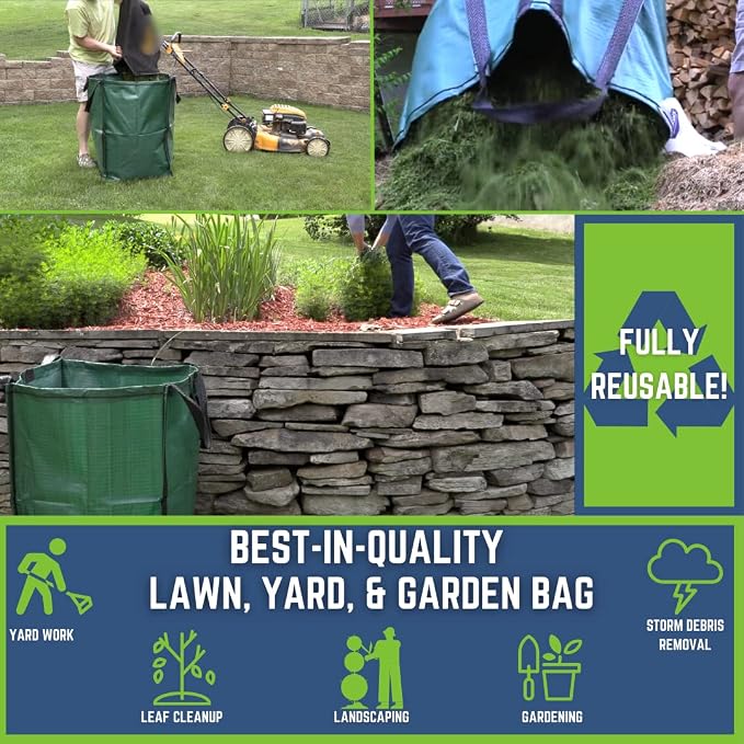 DURASACK Heavy Duty Home and Yard Waste Bag 48-Gallon Woven Polypropylene, Reusable Lawn and Leaf Garden Bag with Reinforced Carry Handles, Pop-Up Self-Standing Garbage Can, Blue (Pack of 2)