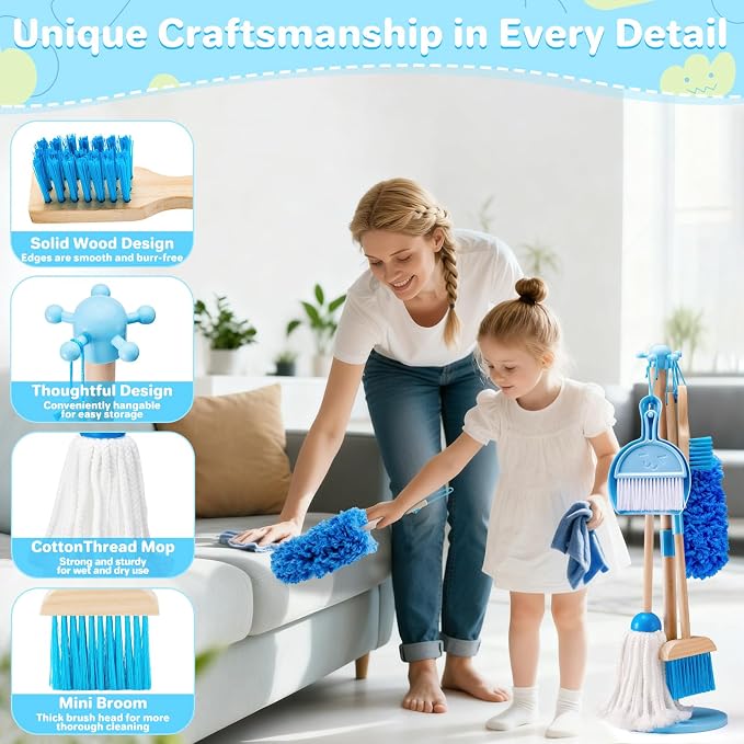 WHOHOLL 9 Pcs Wooden Kids Cleaning Toy Set, Cleaning Toys for Toddlers 3-6, Housekeeping Play Set Includes Broom Mop Duster Dustpan Sponge and Organizing Stand, Christmas Birthday Gifts for Boys Girls