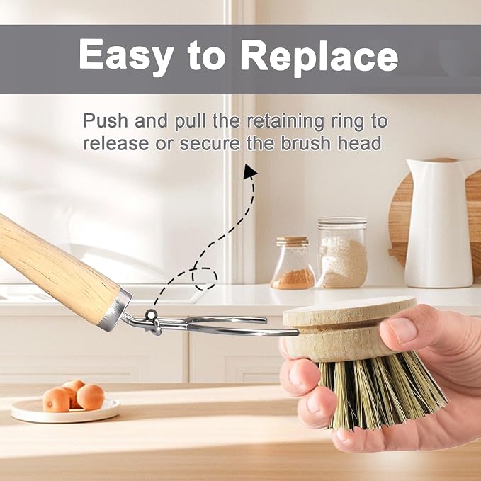 Wooden Dish Brush Set, 4 Natural Bristle Replacement Heads with 1 Sturdy Wooden Handle, Palm Kitchen Scrub Brush for Pots, Pans, Vegetables and Cookware