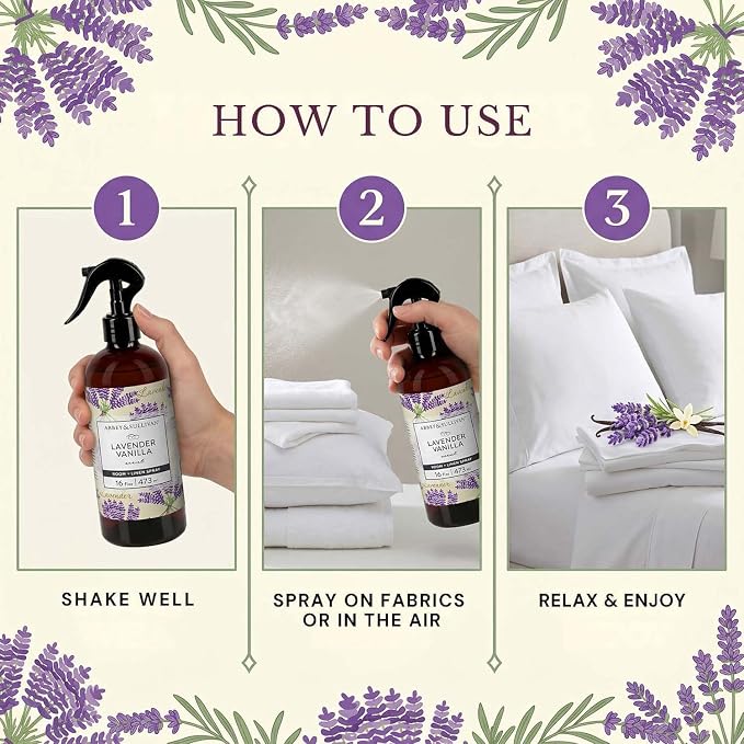 Abbey & Sullivan Linen Spray, Lavender Vanilla, Fabric Freshener and Odor Eliminator, Pack of 2, 16 oz