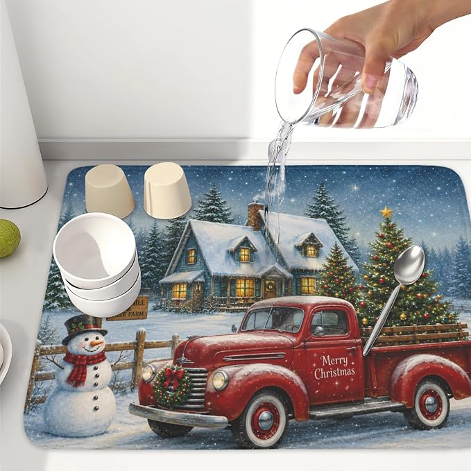 Merry Christmas Dish Drying Mat for Kitchen Counter 18x24 Inch Snowman Truck Dish Drainer Mat Absorbent Microfiber Winter Snowflake Dish Rack Pad for Coffee Dining Bar Decor