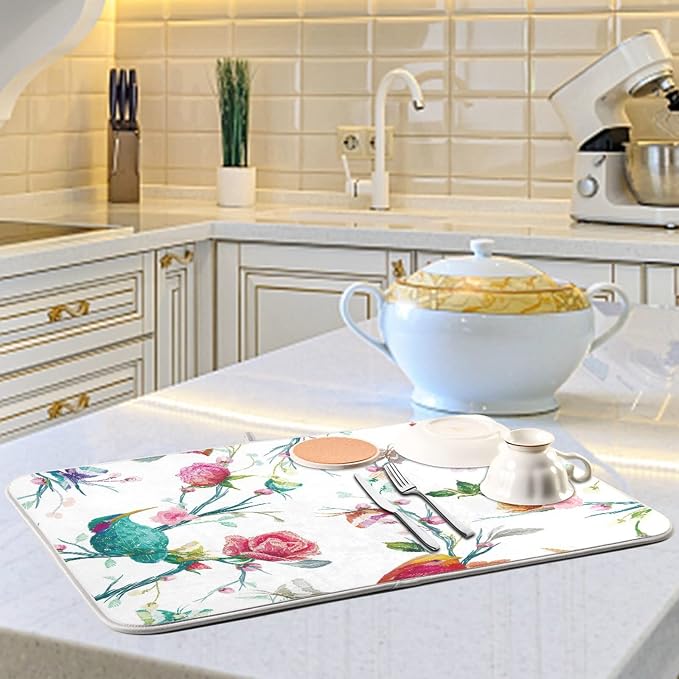 Absorbent Dish Drying Mat for Kitchen Counter - Watercolor Flowers and Birds Microfiber Drying Pad, Reversible Drainer Mats for Countertop, Lager 18 x 24 inch