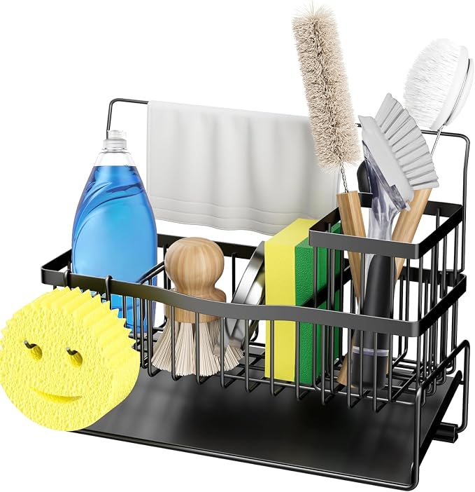 Sponge Holder for Kitchen Sink 304 Stainless Steel Self-Draining Sink Caddy with Smiley Face Sponge and Brush Holder Towel Bar and Divider Kitchen Gadgets Organizer for Countertop, Black