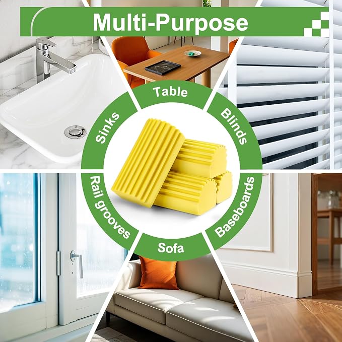 Jeymei Damp Clean Duster Sponge,4Pcs Yellow Dust Sponge for Cleaning | Damp Dusting Sponge with Ridges,Baseboard Cleaning Tool,Reusable Wet Duster Sponge,Household Cleaning Sponges for Blinds