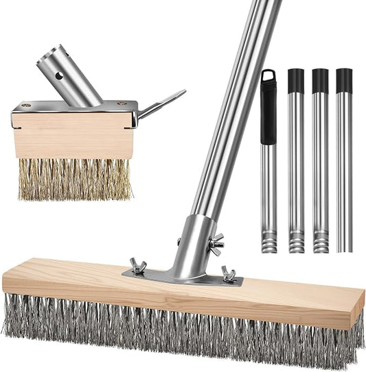 Wire Scrub Brushes with 65in Handle for Concrete Pavers Moss Remover | Heavy Duty Wire Broom, Crack Weeder Puller for Outdoor Deck Patios Walkways Floor Cleaning, Detachable Long Handle