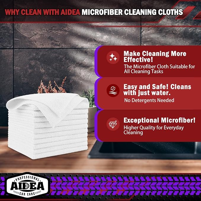 AIDEA Microfiber Cleaning Cloth White, 600PK, Microfiber Towels for Cars, Shop Towels Cleaning Rags, Premium Wash Cloths, Absorbent Towel for SUVs, House, Kitchen, Commercial, Cleaning Supplies 12×12"