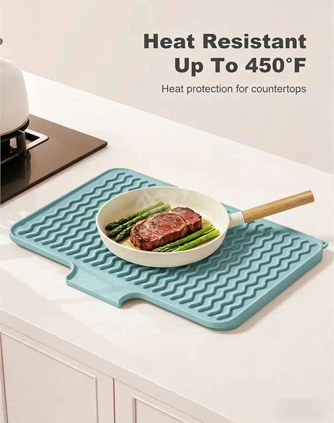 Rnivvi Silicone Dish Drying Mat for Kitchen Counter, 16 x 12" Drainer Pad with Drainage Spout, Non-Slip Countertop Protector Heat Resistant Trivet, Dish Rack Mat for for Sink Dishes, Shadow Green