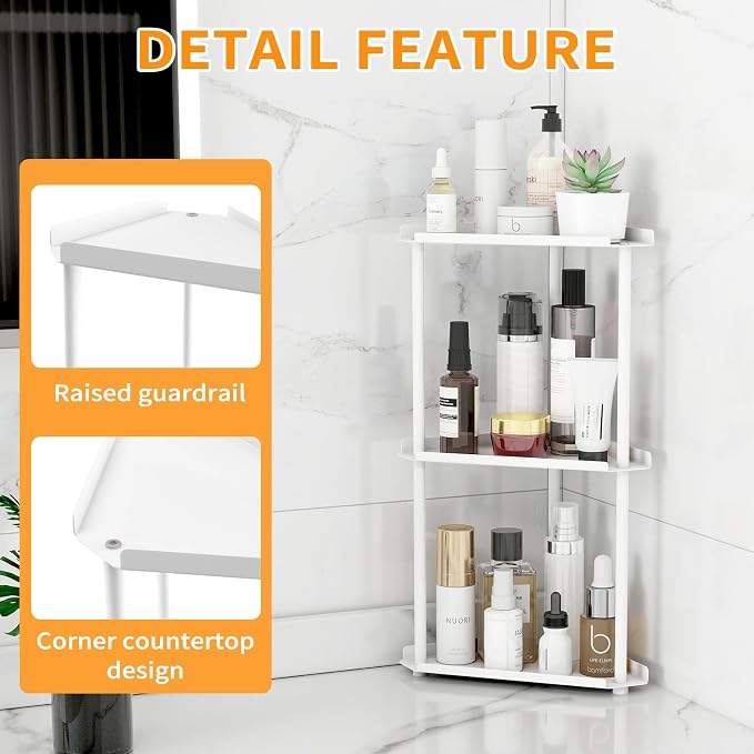 Jesginboo 3 Tier Bathroom Counter Organizer, Vanity Organizer Corner Shelf | Skincare, Makeup Countertop Organizers, Kitchen, Bathroom Counter Storage, White