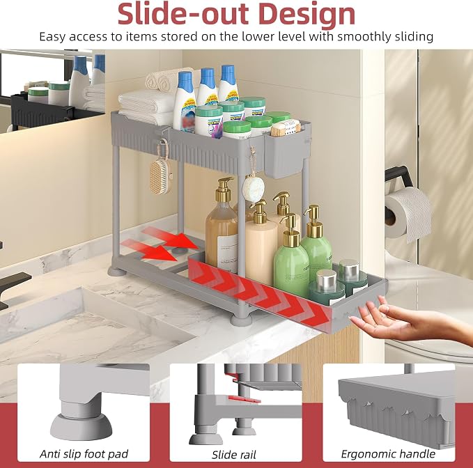 Sevenblue 4-Pack 2-Tier Under Sink Organizer with Pull Out Drawers | Multi-use kitchen & bathroom storage. Includes hanging hooks and cups. Gray, space-saving cabinet design. 14.8 Inch