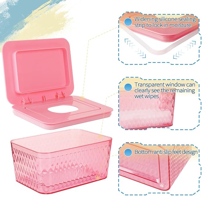 Wipes Dispenser, One-Handed Operation Wipe Holder for Baby & Adult, Seal-Designed Wipes Container for Bathroom Keep Diaper Wipes Fresh (2 Pack Pink)