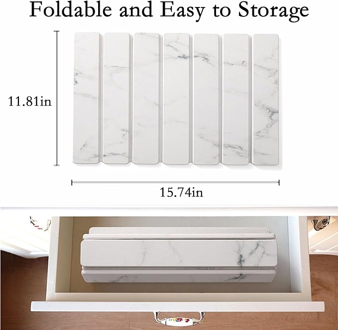 Large Stone Dish Drying Mats for Kitchen Counter 16"(L)×12"(W) Foldable Quick Dry Stone Dish Drying Mats Kitchen Absorbent Diatomaceous Earth Drying Stone Mat for Dishes Bottles Cups Marble White