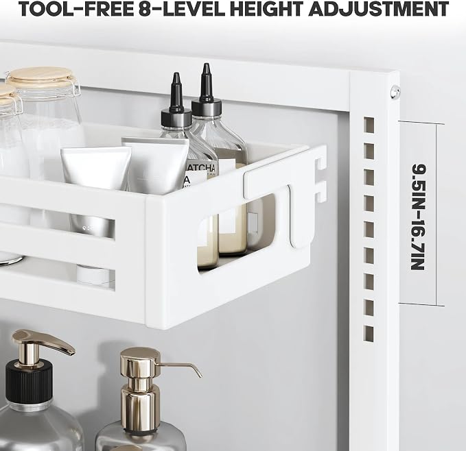 2 Pack 19IN-Depth Under Sink Organizer,Pull Out Cabinet Organizer With Smooth Cylindrical Rail,Metal Slide Out Drawer for Kitchen Bathroom Laundry,8-Level Tool Free Height Adjustable-White