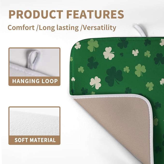 St.Patrick's Day Dish Drying Mat for Kitchen Counter Green Shamrock Drying Mats Spring Lucky Clovers Draining Pad Microfiber Absorben Dish Drainer Rack Mat Reusable Washable Dry Mat 16x18 Inch