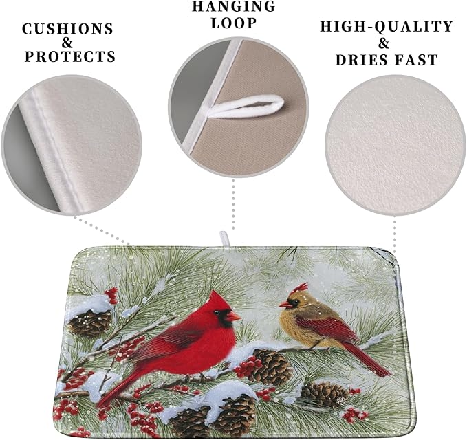 Winter Dish Drying Mat for Kitchen Counter 16x18 Inch Christmas Red Birds Drying Mats Xmas Holiday Microfiber Absorbent Dishes Drainer Mats Cardinal Dish Rack Pad