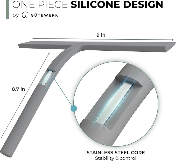 GÜTEWERK Silicone Shower Squeegee for Glass Doors & Mirrors with Stainless Steel Core, Streak-Free & No-Squeak Window Cleaning, 3-in-1 No-Drill Mount (Hook/Suction/Adhesive),Gray, 9 Inches