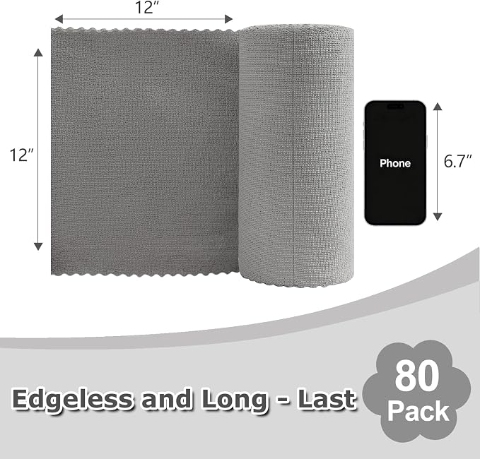 Jessy Home 80 Pack Reusable Paper Towels Grey Microfiber Cleaning Cloth Roll 12"x12" Microfiber Towels for Kitchen, Tear Away Cloth, Lint Free Rags for House,Car,Window,Cleaning Supplies