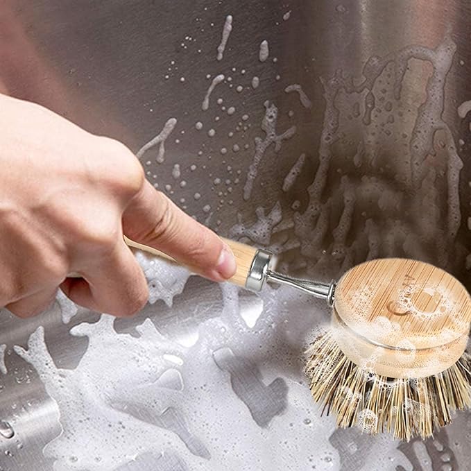 Bamboo Dish Scrubber with Handle - Hard Bristle Natural Bristle Brush Sustainable & Biodegradable Kitchen Scrub Brush for Dishes Pans and Pots