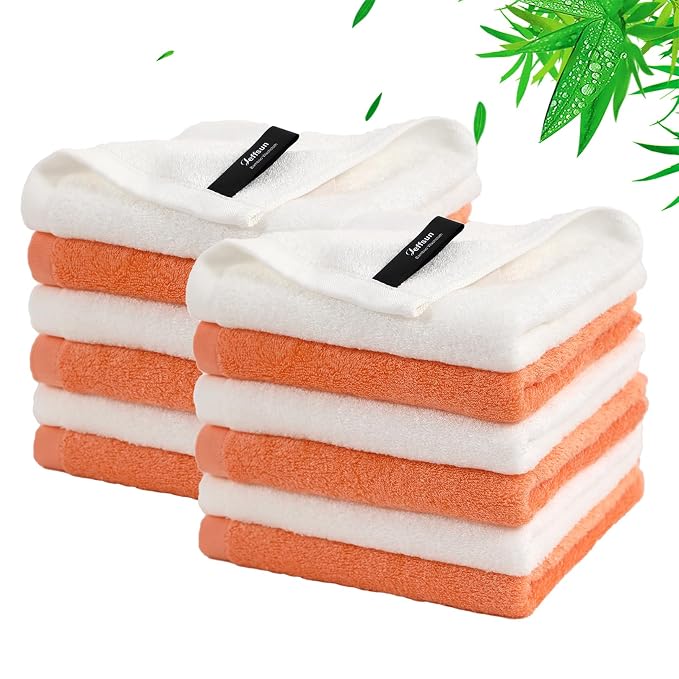 Wash Cloths 12 Pack,Face Towel for Sensitive Skin,13''x13'',White+Orange | 100% Viscose,Women Makeup Removal,Extra Soft,Gently Wash Face & Body,Fast Dry,Hanging Loop,Face Cleansing,Bathroom,Travel Use