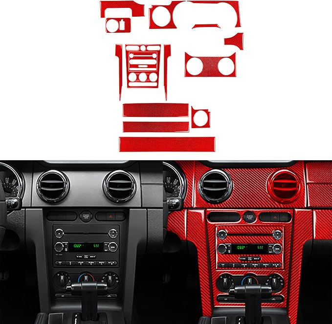 Red Real Carbon Fiber Trim for Ford Mustang Accessories | for GT Shelby 2005 2006 2007 2008 2009 Gear Shift Box Panel Interior Thick Overlay Decal 4PCs