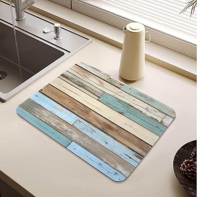 Dish Drying Mat for Kitchen Counter Wood Grain Splicing Absorbent Coffee Bar Mat Dish Drainer Rack Mat Drainer Pad Washable Foldable Ultra Absorbent Dry Mat 23.6" X 19.7"