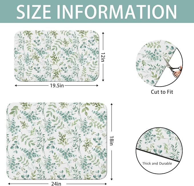 Dish Drying Mat 2-Pack in Green Leaves for Kitchen Counter Dishes Mat | Diatom Mud Mats (18x24, 19.5x12"). Non-slip rubber back for kitchen counter, coffee bar & sink scenes