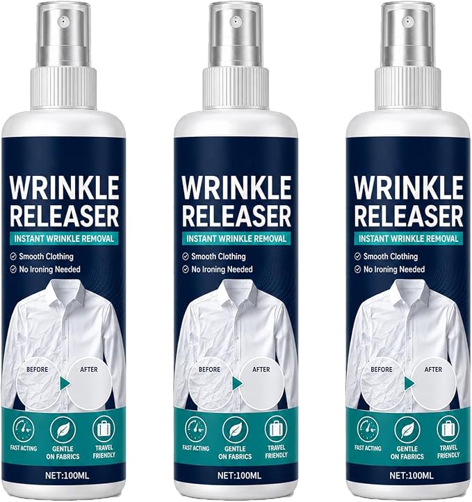Wrinkle Release Spray Travel Size, Travel Wrinkle Release Spray, No Iron Needed, Fabric Freshener, Anti‑Static, 3.38oz Leak‑Proof Bottle for Clothes, Linens & Upholstery (3pcs)