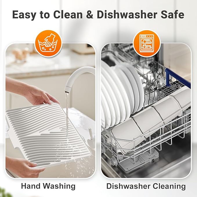 Silicone Dish Drying Mat for Kitchen counter, 15.8"x13" Extra Large Non-Slip Drain Pad with Built-in Drainage, Heat Resistant Dishwasher Safe, Cream