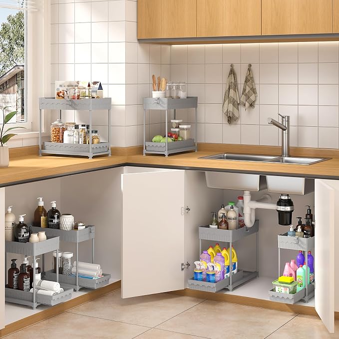 Sevenblue 4-Pack 2-Tier Under Sink Organizer with Pull Out Drawers | Multi-use kitchen & bathroom storage. Includes hanging hooks and cups. Gray, space-saving cabinet design. 14.8 Inch