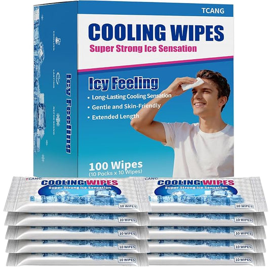 Cooling Face Body Wipes - 10 Packs of 10 (100 Wipes) - Disposable Individually Wrapped No-Rinse Cooling Towels, Extra-Thick Oversized Body Cleansing Wipes for Sports, Travel, Camping in Hot Weather