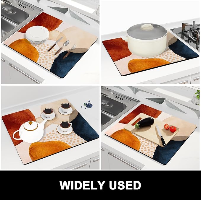 Rnivvi Dish Drying Mat for Kitchen Counter, 16 x 18" Cute Boho Theme Absorbent Heat Resistant Drying Pad with Non-slip Rubber, Coffee Bar Mats for Coffee Machine Dish Rack, Abstract Stones Art