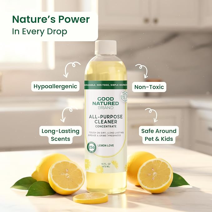 Good Natured Brand All-Purpose Cleaner Concentrate | Multi-Surface Cleaner | Natural Lemon Essential Oil | Multipurpose Cleaner Concentrate All Surfaces | Lemon Love | 16oz makes 256oz