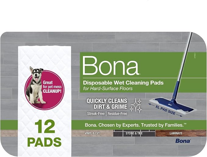 Bona Multi-Surface Floor Disposable Wet Cleaning Pads - - Residue-Free Floor Cleaning Solution for Stone,Tile,Laminate,and Vinyl Floors,12 Count (Pack of 6)