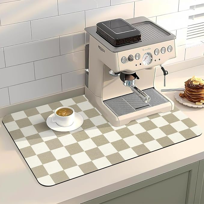Dish Mat Drying Kitchen Mat, ,16"x 24" Super Absorbent Kitchen Dish Drying Pad for Countertop, Easy to Clean Drainer Mats with Non-slip Rubber Backed for Kitchen Counter, Beige Checkered