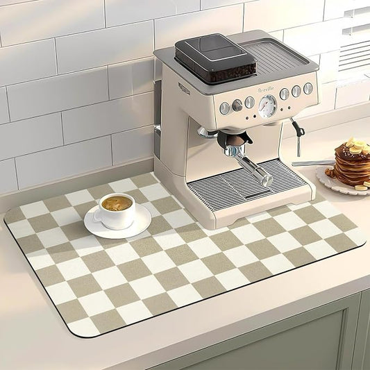 Dish Mat Drying Kitchen Mat, ,16"x 24" Super Absorbent Kitchen Dish Drying Pad for Countertop, Easy to Clean Drainer Mats with Non-slip Rubber Backed for Kitchen Counter, Beige Checkered